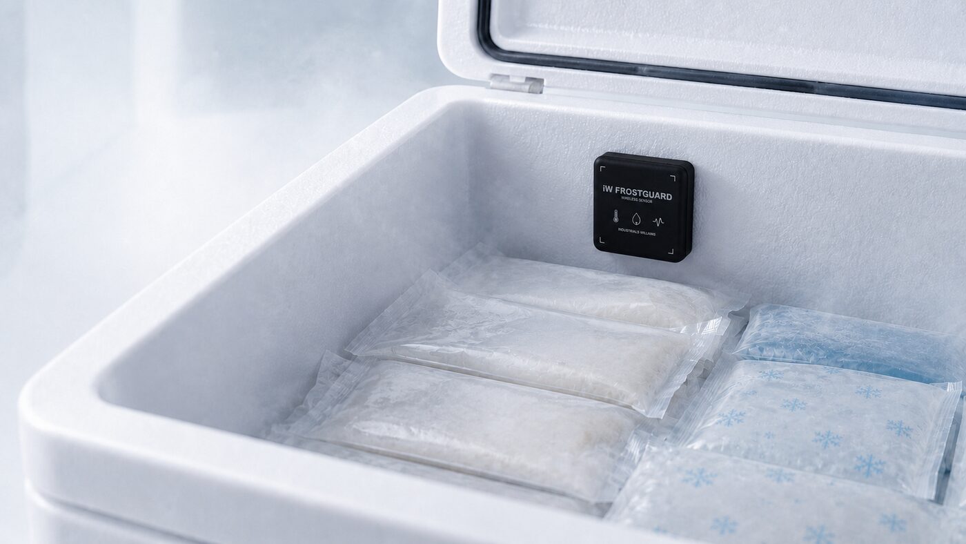 Sensor iW FrostGuard dentro de uma caixa térmica de transporte