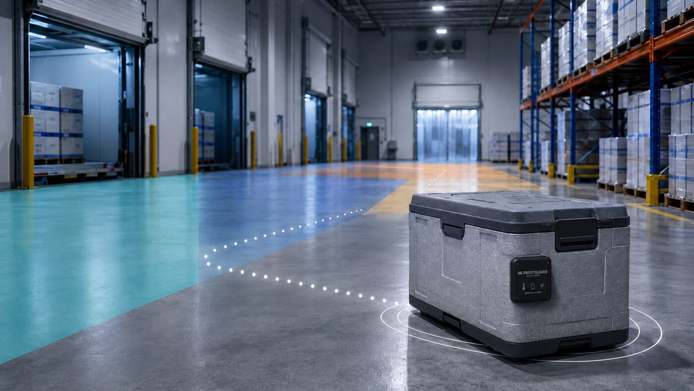 Ativo com sensor iW FrostGuard sendo localizado por área num armazém